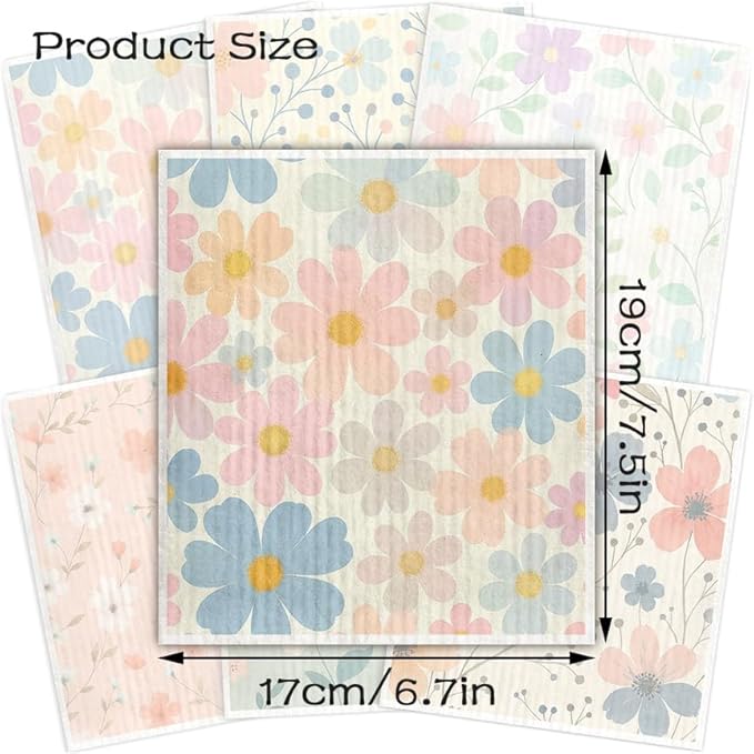 Swedish Dishcloths for Kitchen – 6 Pack Cellulose Reusable Cleaning Paper Towels – Soft, Quick-Drying, Washable Dish Rags for Kitchen, Counters & More (Pastel Floral)