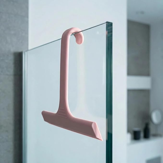 Silicone Shower Squeegee - All-in-One Design with Built-in Hook, 10 Inch Streak-Free Bathroom and car Cleaner for Glass Doors, Mirrors, Windows, Tiles Pink