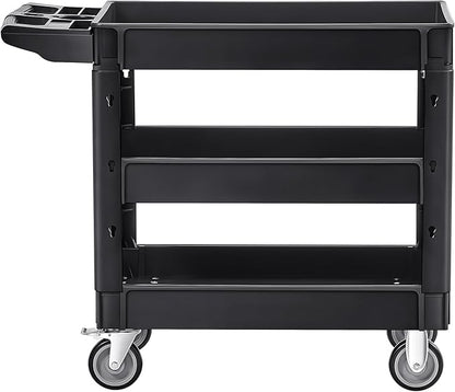 VEVOR Utility Cart, 3-Tier Plastic Service Cart with 550LBS Capacity, 360° Swivel Casters (Including 2 Locking Wheels), Medium Lipped Shelves, Ergonomic Handle, for Garage, Warehouse, Cleaning Tasks