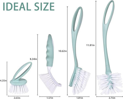 Dish Brush with Handle, Kitchen Dish Scrub Brush Set, 4-Piece Kitchen Cleaning Brush Set for Pots and Bottles, Nordic Green