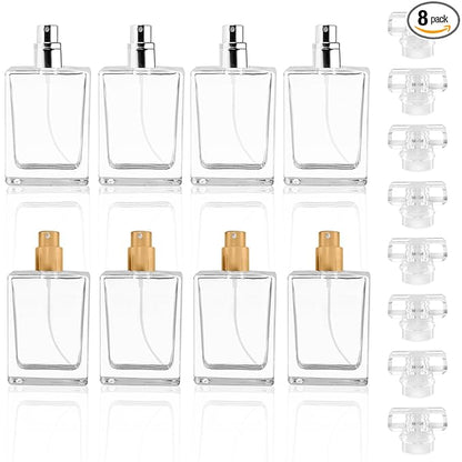 Enenes Glass Perfume Bottles 8 Pack 30ml/1Oz Premium Square Gold & Silver Refillable Atomizer Spray Bottle Leak-Proof Portable Empty Perfume Containers for Travel, Purse, Gym & Home Office Use