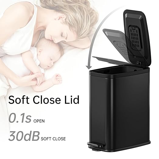 Small Bathroom Trash Can with Lid Soft Close, Step Pedal, 1.6 Gallon Black Stainless Steel Garbage Can with Removable Inner Bucket, Includes 60 Trash Bags for Home Bedroom