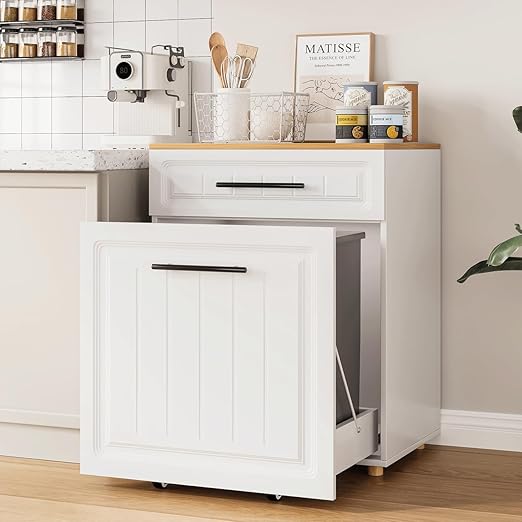 ZIFTY Double 2×10 Gallon Pull Out Trash Can Cabinet, Pet Proof Freestanding Kitchen Trash Bin Cabinet with Drawer, Wooden Garbage Recycling, Laundry Hamper, Modern Farmhouse Waste Bin Furniture, White
