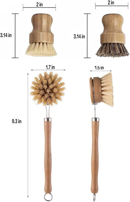 Wooden Dish Brush Set Clean Pots Bamboo Dish Brush - 1 Long Handle Dish Brush and 2 Palm Scrubbing Brush Scrub Brush for Pots, Pans & Dishes,Plastic Free Washing Up, Zero Waste Cleaning (3 Pack)
