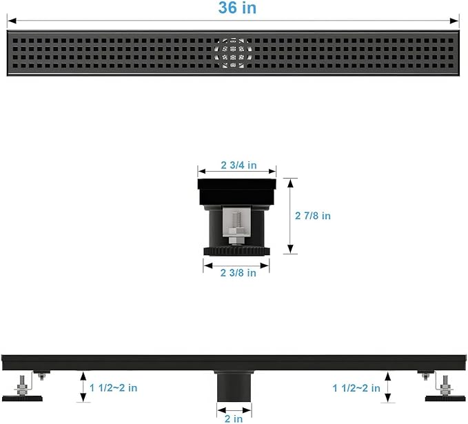 SaniteModar Linear Shower Drain, Black Shower Drain 18 inch with Square Hole Panel, Matte Black Linear Drain with Hair Strainer and Leveling feet