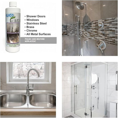 Glass Plus Metal - Polish and Restore | Safe Water Deposit & Stain Remover | Shower Glass, Stainless Steel Frames, Kitchen, Bath Fixtures, Windshield, Ceramic, Toilets | 16 oz