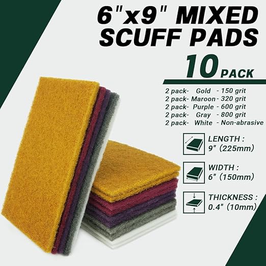 6" x 9" Scuff Pad Variety 10 Pack – Multi-Grit Non-Woven Hand Pads for Scuffing, Scouring, Sanding, Cleaning, Blending, & Surface Prep – Reusable Aluminum Oxide Abrasive Pads