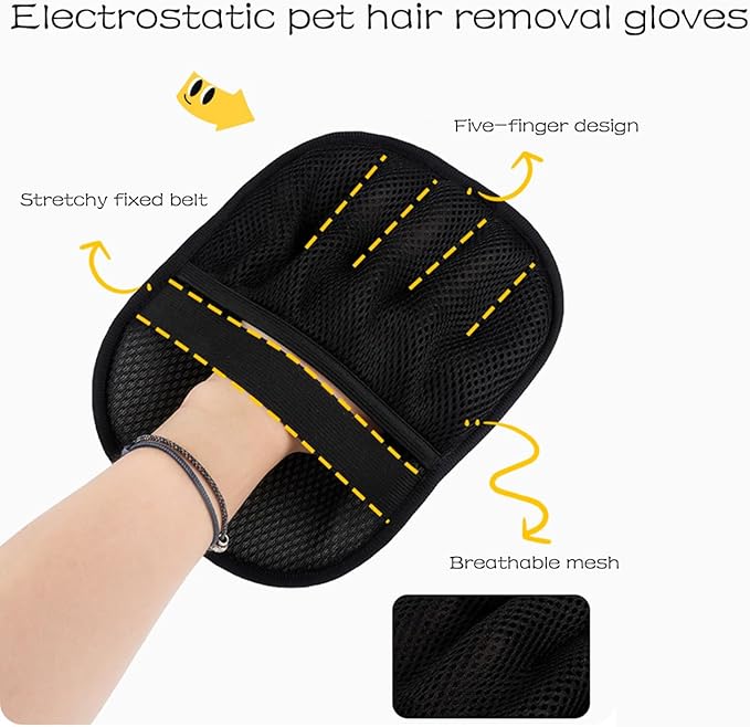 2 Pack Pet Hair Removal Gloves,Five-Finger Reusable Electrostatic Pet Hair Remover for Dog & Cat Hairfor Couch, Furniture, Car Seat, Carpet, Clothing (Black-up)