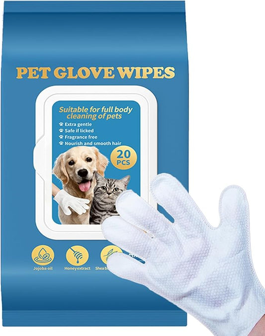 20 Pcs Dog Glove Wipes for Paws, Butt, Ears & Eyes - Pet Cleaning Wipes for Walk, Grooming & Potty | Extra Large Thick Rinse-Free for Dogs & Cats | Hypoallergenic Fragrance-Free for Travel & Camping