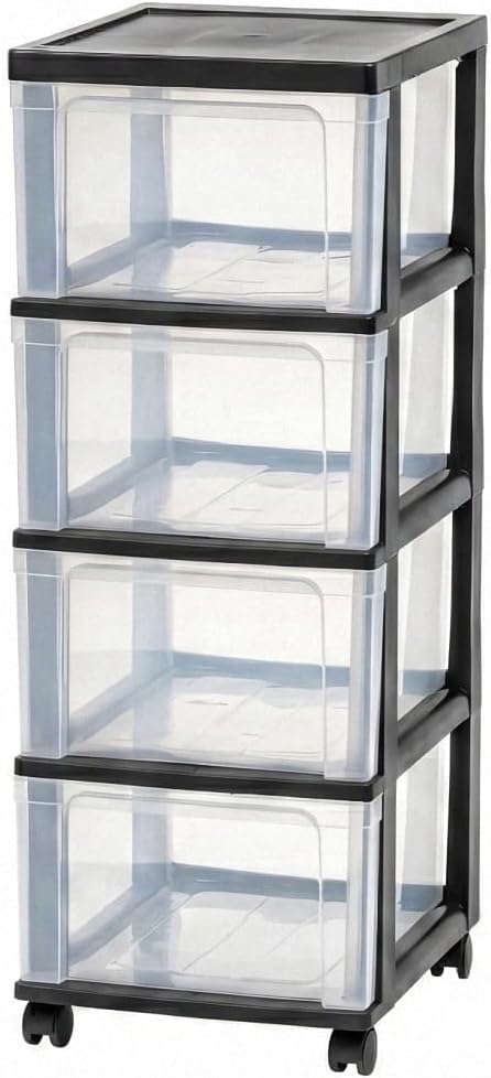 4-Drawer Narrow Storage Cart with Wheels - 32.5" Tall Slim Rolling Plastic Drawer Organizer Tower for Bathroom, Laundry Room, Kitchen & Office - Mobile Utility Unit with Clear Bins (Black)