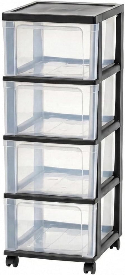4-Drawer Narrow Storage Cart with Wheels - 32.5" Tall Slim Rolling Plastic Drawer Organizer Tower for Bathroom, Laundry Room, Kitchen & Office - Mobile Utility Unit with Clear Bins (Black)