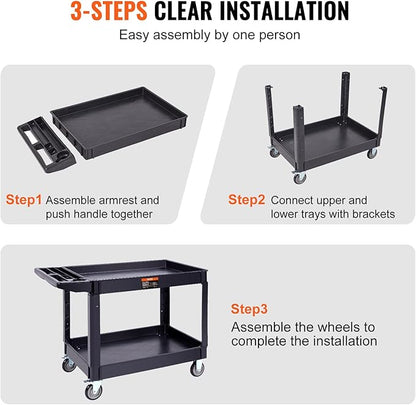 VEVOR Utility Service Cart, 2 Shelf 550LBS Heavy Duty Plastic Rolling Utility Cart with 360° Swivel Wheels (2 with Brakes), Large Lipped Shelf, Ergonomic Storage Handle for Warehouse/Garage/Cleaning