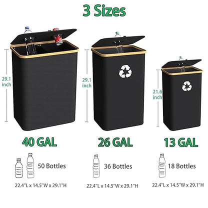 Recycling Bin Kitchen Indoor Home 40 Gallon 156L Recycle Bin with Lid 2 Removeable Reusable Inner Bag Bottle Can Glass Waste Plastice,Big Black