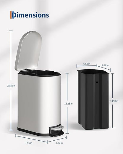 GarveeHome 2.6 Gallon Bathroom Trash Can, Space-Saving Slim Stainless Steel Step-On Garbage Bin with Soft Close Lid, Removable Inner Bucket for Bathroom & Bedroom, White