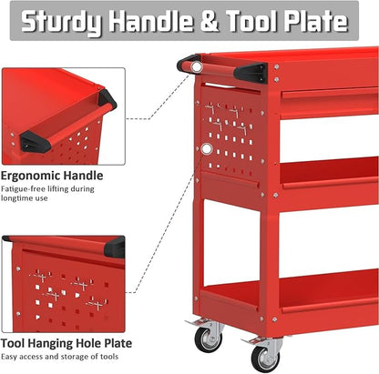 3 Tray Rolling Tool Cart with Drawers, 400 LBS Capacity Mechanic Tool Cart on Wheels, Heavy Duty Utility Cart with Pegboard for Garage, Warehouse and Repair Shop, Red