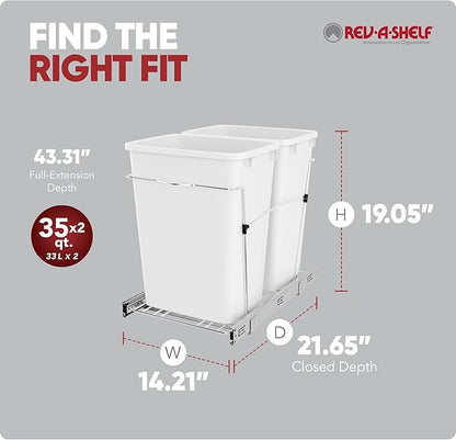 Rev-A-Shelf Double 35 Qt Pullout Trash Can for Base Kitchen Cabinets, Garbage Waste Bin System with Full-Extension Slides, Min Opening Width of 14.5" White/Chrome, RV-18KD-11C S