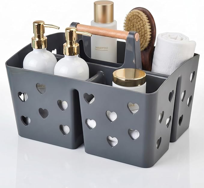 NINU Gray Portable Shower Caddy with Wooden Handle, Large Plastic Shower Basket Tote with 3 Compartments & Drain Holes, Bathroom Organizer for College Dorm, Gym, Camping, Vanity