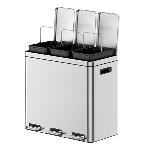3 x 5.3 Gallon Kitchen Trash Can, 3 Compartment Garbage Can, Stainless Steel Rubbish Bin with Soft-Close Lid and Removable Inner Wastebasket for Kitchen, Home Office