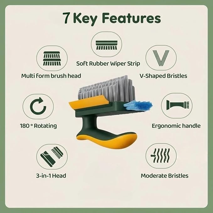 Multifunctional Tile Grout Cleaning Brush with V-Shaped Bristles, 180° Rotating Head, Rubber Wiper Strip, Green and Yellow