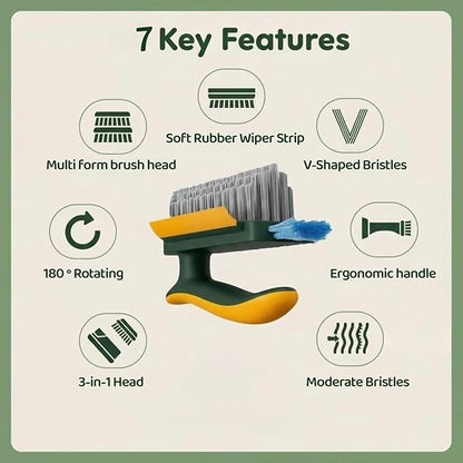 Multifunctional Tile Grout Cleaning Brush with V-Shaped Bristles, 180° Rotating Head, Rubber Wiper Strip, Green and Yellow