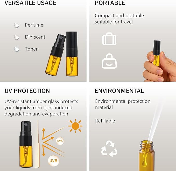 ELFENSTALL- 30pcs 2ml Brown Amber Fine Mist Mini Atomizer Vial Small Glass bottle Spray Refillable Perfume Empty Sample Bottle Clean Cloth 3ML Pipette Dropper for Travel Party