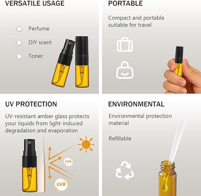 ELFENSTALL- 30pcs 2ml Brown Amber Fine Mist Mini Atomizer Vial Small Glass bottle Spray Refillable Perfume Empty Sample Bottle Clean Cloth 3ML Pipette Dropper for Travel Party