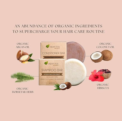 Hydrating Coconut Shampoo and Conditioner bar set, Organic Ingredients, All Hair Types, Sulfate-Free, Cruelty-Free & Vegan. One 3 ounce and one 2.3 ounce bars (Coconut)