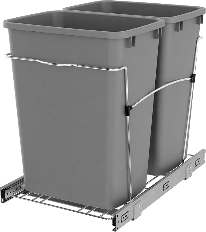 Rev-A-Shelf Double 35 Qt Pullout Trash Can for Base Kitchen Cabinets, Garbage Waste Bin System with Full-Extension Slides, Min Opening Width of 14.5", Silver, RV-18KD-17C S