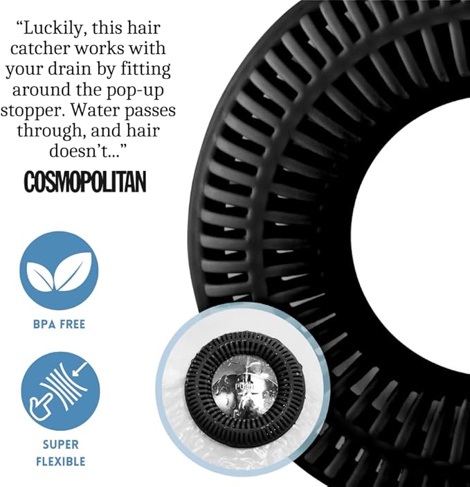 Hair Catcher for Shower Drain & Bathtub – TubRing Pop-Up Drain Protector & Strainer, Reusable Silicone Stopper for Bathroom Clog Prevention, Fits 1.85"–2.16" Drains | Black