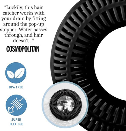 Hair Catcher for Shower Drain & Bathtub – TubRing Pop-Up Drain Protector & Strainer, Reusable Silicone Stopper for Bathroom Clog Prevention, Fits 1.85"–2.16" Drains | Black