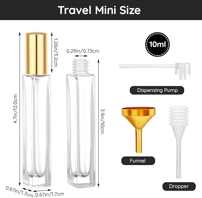 Segbeauty 0.34oz Clear Glass Fine Mist Sprayer for Perfume Refill, 10pcs Mini Empty Glass Perfume Spray Bottle with Gold Cap, 10ml Refillable Travel Cologne Bottles, Small Liquid Cologne Atomizer Set
