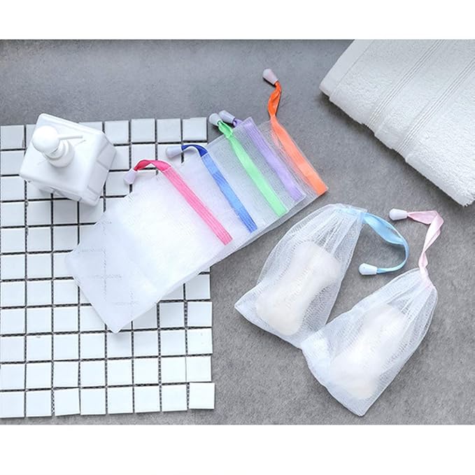 INVODA Handmade Soap Easy Bubble Mesh Soap Saver Bag Double Layer Drawstring Holder Bags Foam Net for Body Facial Cleaning Exfoliation Body Cleaning Tool (10 PCS)