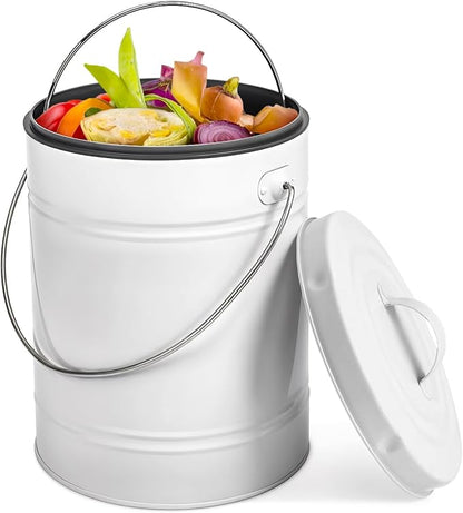 Plexon Kitchen Compost Bin with Lid, 1.3 Gallon Metal Countertop Compost Bucket Pail, Indoor Composter - White