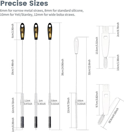 5 Pack Straw Cleaning Brush Set, 15" Extra Long Straw Cleaner Brush, 4 Sizes Reusable Straw Cleaner Brush, 3-In-1 Cup Lid Cleaning Brush for Stanley/Owala/Yeti/Hydro, Sturdy Brush Bristles(Black)