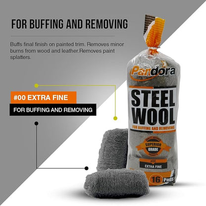 Pandora Steel Wool #00 – Extra Fine Grade, 16 Pads for Buffing and Cleaning - Quality Metal Strands - Ideal for Cleaning Golf Clubs, Metal Wheels, Screens, and Metal Lawn Furniture