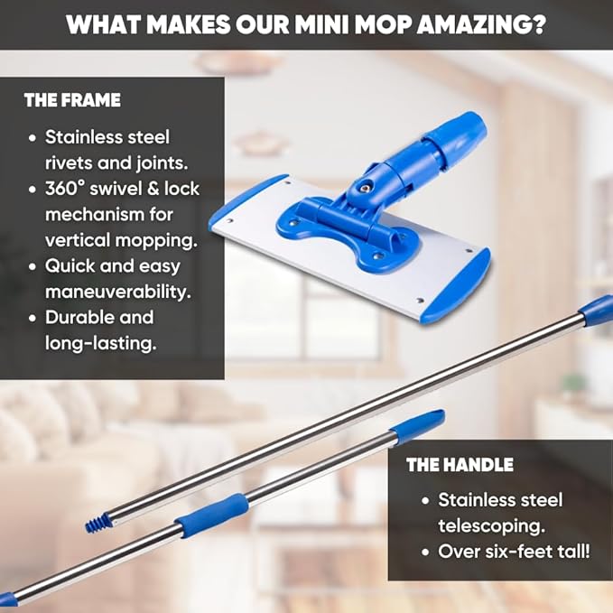 9" Mini Microfiber Mop System for Tight Spaces & Walls | Flat Floor Mop | Adjustable Stainless Steel Handle | 360° Swivel | 2 Washable Microfiber Pads | Hardwood, Tile, Vinyl