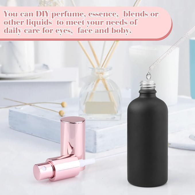 6 Pack 3.4 Oz Black Frosted Glass Spray Bottles,Empty Perfume Fine Mist Atomizer,Rose-Golden Pump Head Travel Liquid Holder Containers for Cologne,Essential Oils,Body Sprays-Funnel&Pipette