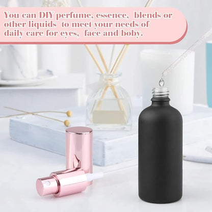6 Pack 3.4 Oz Black Frosted Glass Spray Bottles,Empty Perfume Fine Mist Atomizer,Rose-Golden Pump Head Travel Liquid Holder Containers for Cologne,Essential Oils,Body Sprays-Funnel&Pipette
