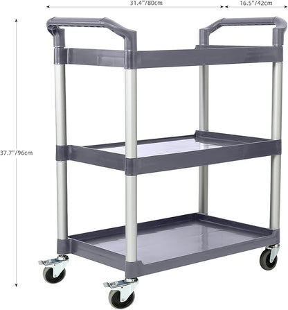 3-Tier Utility Rolling Cart with Wheels, Durable Catering carts with Wheels, Rolling Storage Cart for Hotel Canteen Resturant Office (Gray, 31.4" D x 16.5" W x 37.7" H)