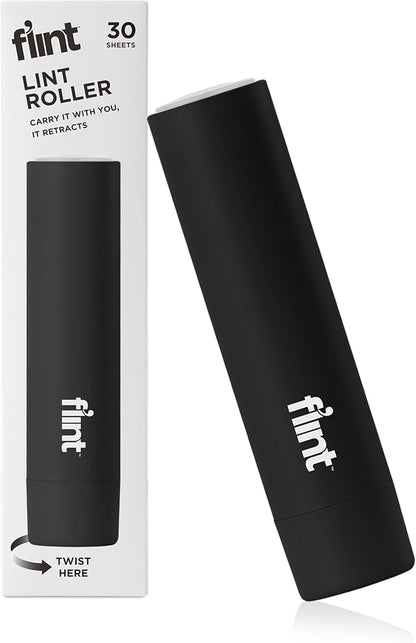 Flint Classic Black Retractable Mini Lint Roller with 30 Extra Sticky Sheets, Small and Portable Lint Roller, Ideal Pet Hair Remover, Travel Lint Rollers for pet Hair Extra Sticky