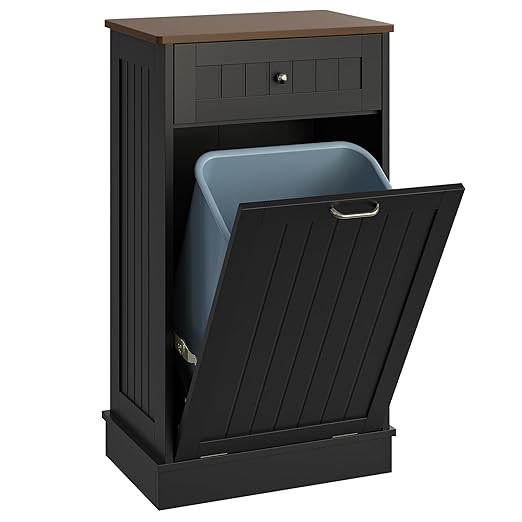 LOUVIXA Tilt Out Trash Can Cabinet, Hidden Trash Cabinet with Drawer, Wooden Dog Proof Trash Can Holder, Tilt Out Laundry Hamper, Garbage Can Holder (Black)