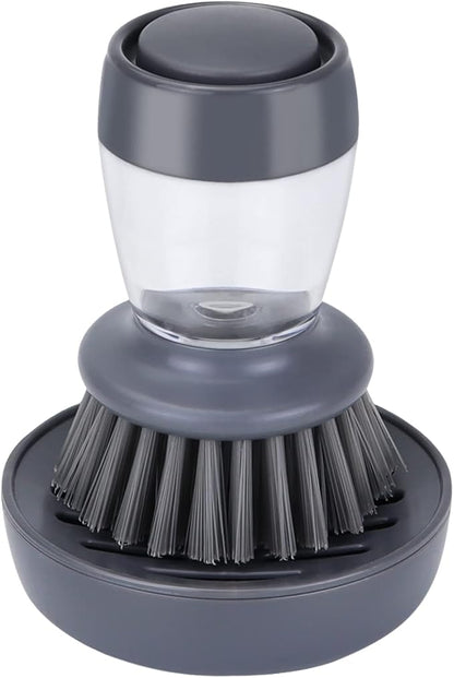 DAPOWER Dish Brush with Soap Dispenser, Kitchen Scrub Brush for Dishes Pots Pans Sink Cleaning, Dish Scrubber with Holder Set (Grey Handle & Nylon Bristles)