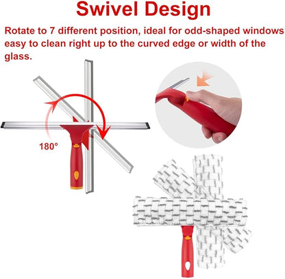 Squeegee for Window Cleaning, 12" Squeegee and 11" Microfiber Scrubber Combi with Stainless Steel Pole, Extendable Window Cleaner for Car, Sliding Door, Shower Glass Door-Swivel Style-2 Pads