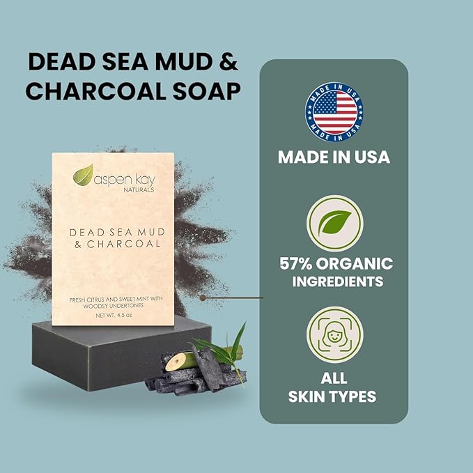 Aspen Kay Naturals Dead Sea Mud and Charcoal Soap Bar. With Organic Shea Butter & Pure Essential Oils. Charcoal Face Wash for Men, Women & Teens. (3 pack)