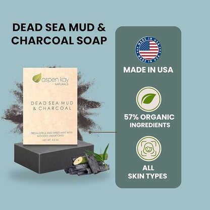 Aspen Kay Naturals Dead Sea Mud and Charcoal Soap Bar. With Organic Shea Butter & Pure Essential Oils. Charcoal Face Wash for Men, Women & Teens. (6 pack)