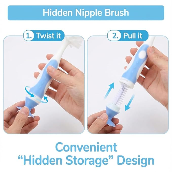 Ariseno 4-in-1 Baby Bottle Brush Set, Bottle Brush for Baby, Bottle Cleaner Brush Set, Including Nylon Bottle Brush, Bottle Cap Brush, Straw Brush, Nipple Brush, BPA-Free (Blue)