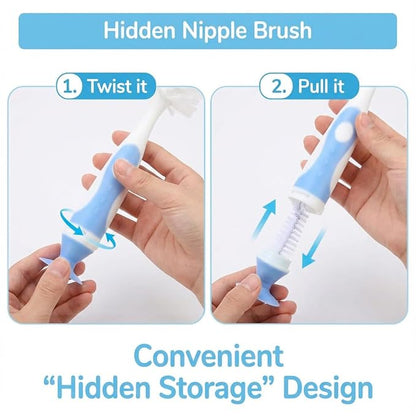 Ariseno 4-in-1 Baby Bottle Brush Set, Bottle Brush for Baby, Bottle Cleaner Brush Set, Including Nylon Bottle Brush, Bottle Cap Brush, Straw Brush, Nipple Brush, BPA-Free (Blue)