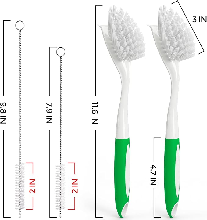 Holikme 4 Pack Dish Brush with Handle Set - 2 Pack Kitchen Dish Brush with Handle, 2 Straw Brushes, Deep Cleaning Dish Brush for Kitchen Sink Dishes, Pot and Pans, Green