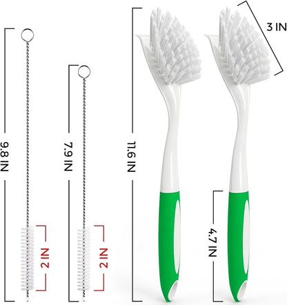 Holikme 4 Pack Dish Brush with Handle Set - 2 Pack Kitchen Dish Brush with Handle, 2 Straw Brushes, Deep Cleaning Dish Brush for Kitchen Sink Dishes, Pot and Pans, Green