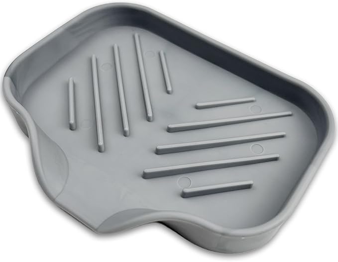 Grey Silicone Soap Dish – Sink Organizer with Drain Spout for Bathroom & Kitchen, Ideal for Dispensers, Cups, Scrubbers & Sponges on Countertops